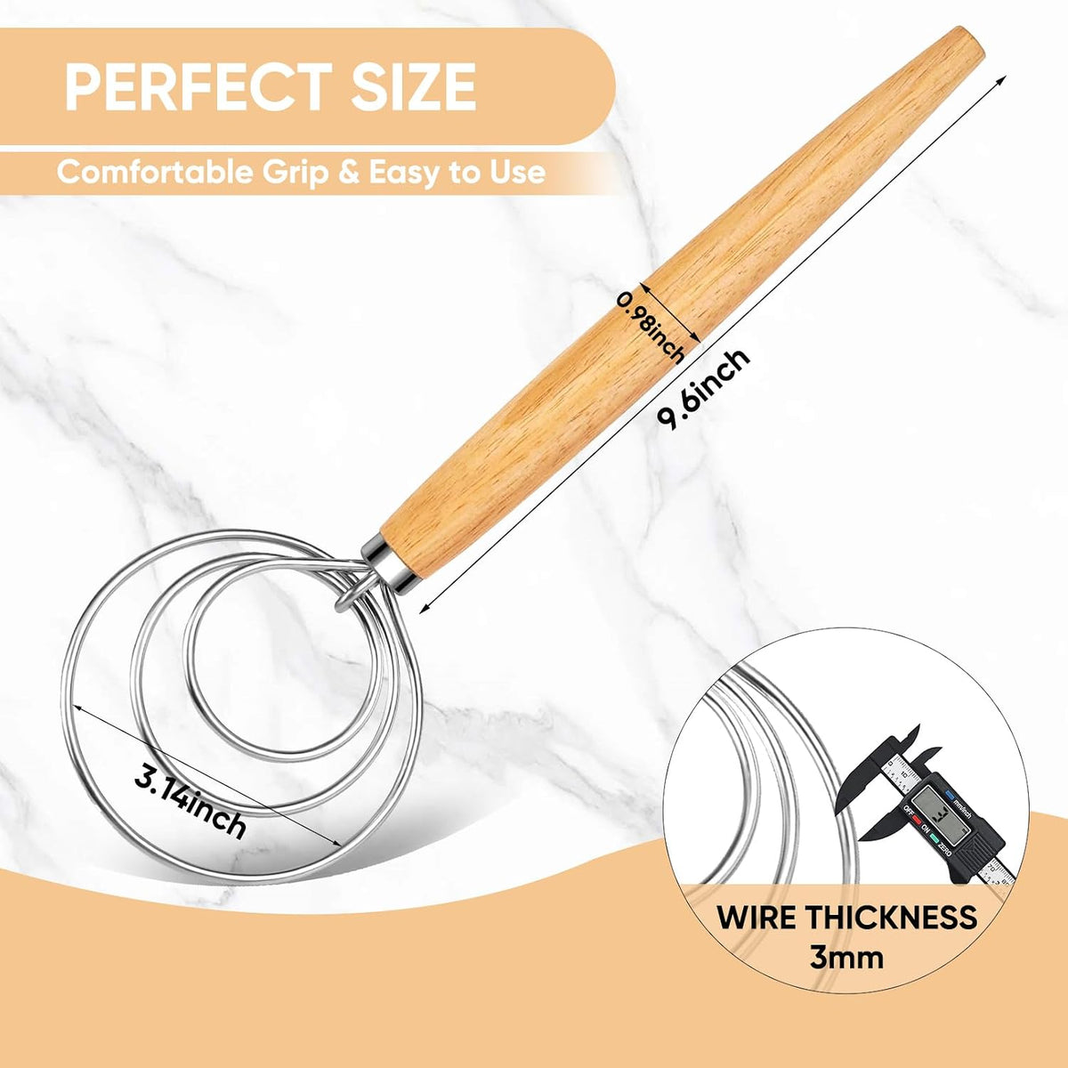 Danish Dough Whisk, Stainless Steel Wood Handle for Sourdough Bread