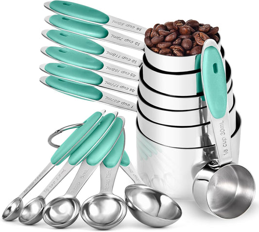 Metal Measuring Cups Spoons Set, Upgraded Handle, 12Pcs, Aqua Sky | Food-Grade 18/8 Stainless Steel Kitchen Measuring Set, Reinforced Welded Joints, Nested Stackable Design, Dishwasher Safe