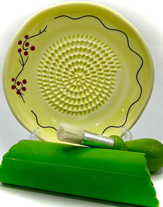 Premium Ceramic Garlic Grater Plate Set - Cherry Line on Ivory | Includes 5" Plate, Peeler, Brush, and Stand - For Strawberries, Ginger, Chocolate, Cheese, and more - Make your own puree