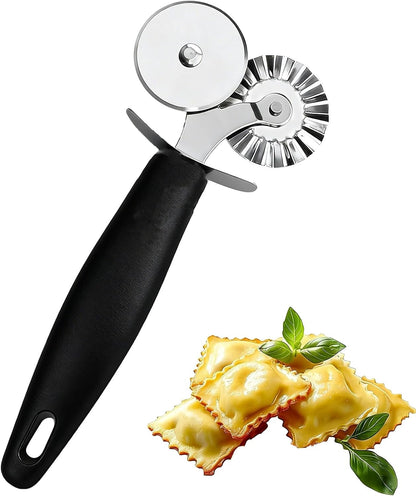 Pastry Cutter with Dual Rolling Wheels – Stainless Steel Pasta Cutter for Pizza, Ravioli, Linguini, Fettuccine, Pappardelle – Straight & Fluted Decorative Edges – Durable, Easy to Clean