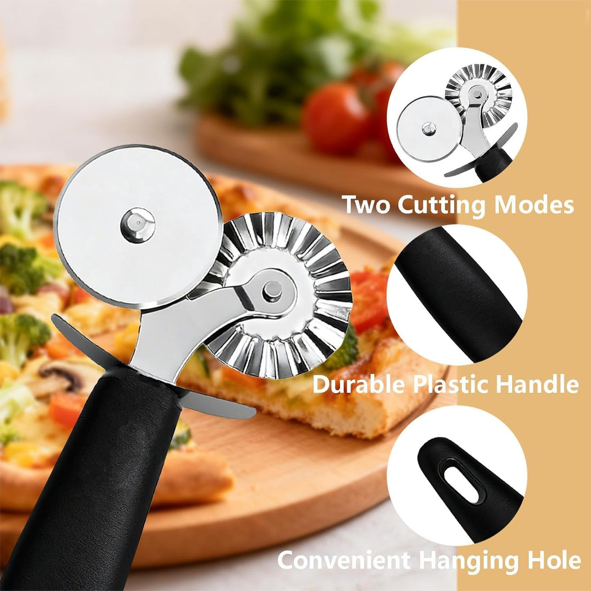Pastry Cutter with Dual Rolling Wheels – Stainless Steel Pasta Cutter for Pizza, Ravioli, Linguini, Fettuccine, Pappardelle – Straight & Fluted Decorative Edges – Durable, Easy to Clean