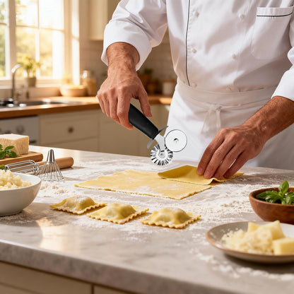 Pastry Cutter with Dual Rolling Wheels – Stainless Steel Pasta Cutter for Pizza, Ravioli, Linguini, Fettuccine, Pappardelle – Straight & Fluted Decorative Edges – Durable, Easy to Clean