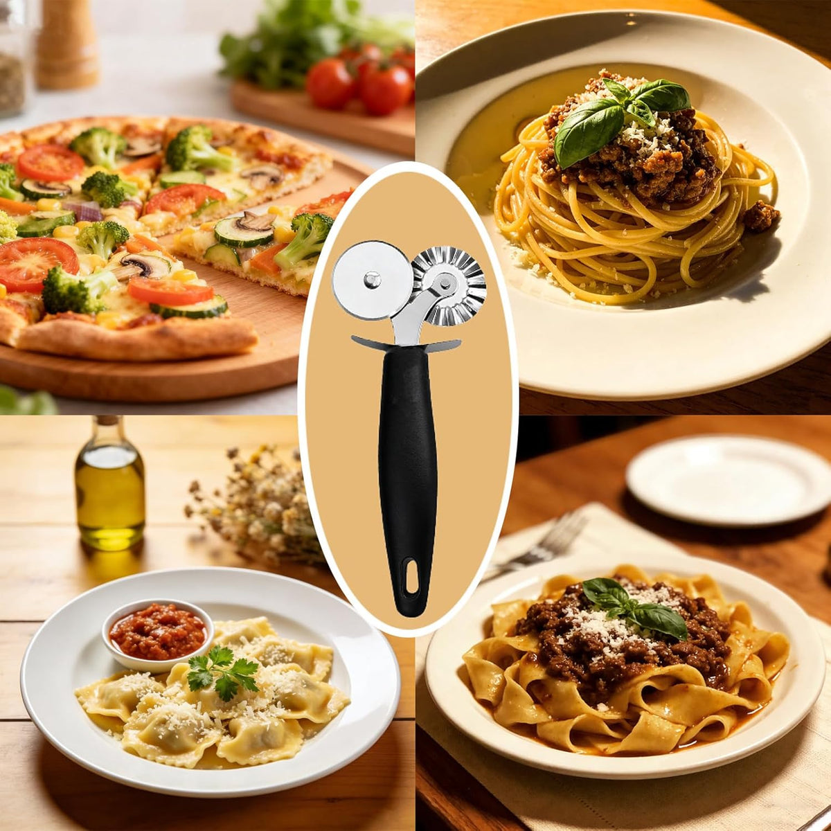 Pastry Cutter with Dual Rolling Wheels – Stainless Steel Pasta Cutter for Pizza, Ravioli, Linguini, Fettuccine, Pappardelle – Straight & Fluted Decorative Edges – Durable, Easy to Clean