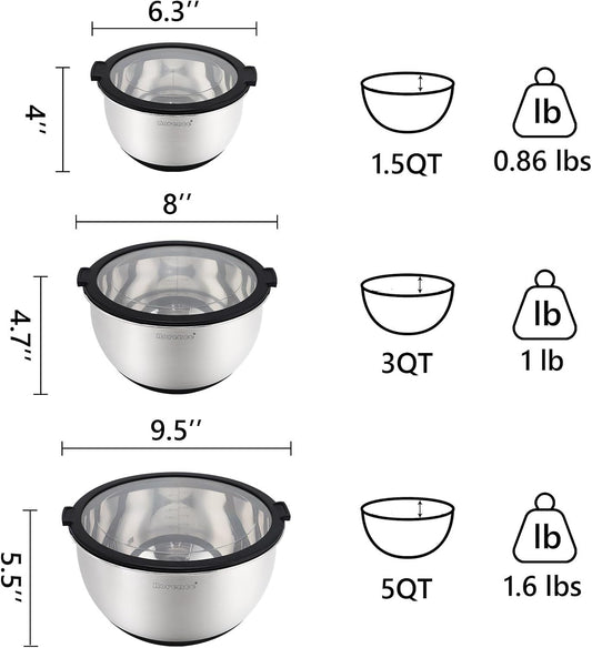 Mixing Bowls with Lids Set, Non Slip Silicone Bottom Stainless Steel Mixing Kitchen Bowls for Baking/Storage, Dishwasher Safe, 5/3/1.5QT | Non Slip Silicone Bottom, Dishwasher Safe, 5/3/1.5QT