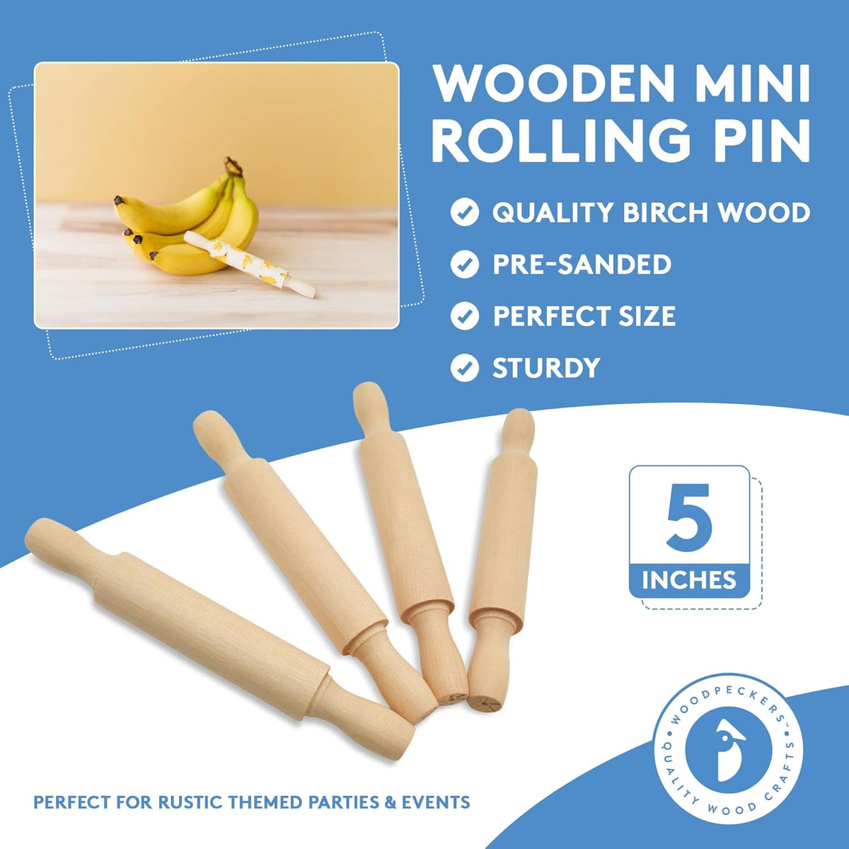 Wooden Mini Rolling Pin, 5 Inches Long, Pack of 6, Great for in The Kitchen and Crafting, Party Favors