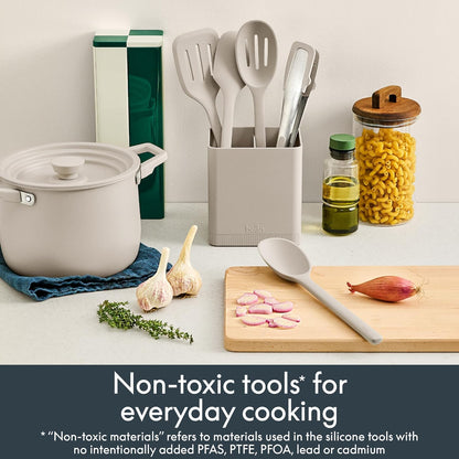 6-Piece Modular Tool Set, Silicone, Turner, Spoon, Slotted Spoon, Spatula, Tongs, Crock with removable divider, Non-toxic*, Food-grade, Heat safe to 425°F, Dishwasher Safe, Slate