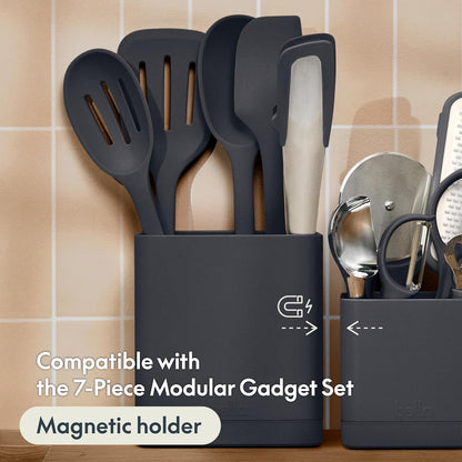 6-Piece Modular Tool Set, Silicone, Turner, Spoon, Slotted Spoon, Spatula, Tongs, Crock with removable divider, Non-toxic*, Food-grade, Heat safe to 425°F, Dishwasher Safe, Slate