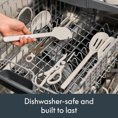 6-Piece Modular Tool Set, Silicone, Turner, Spoon, Slotted Spoon, Spatula, Tongs, Crock with removable divider, Non-toxic*, Food-grade, Heat safe to 425°F, Dishwasher Safe, Slate