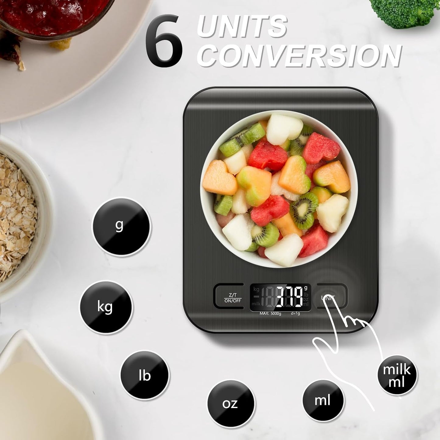 Food Scale, 11lb Kitchen Scale with 6 Units Tare Function & LCD Display, 0.05oz/1g Stainless Steel Digital Food Scale Grams and Ounces for Baking, Cooking, Dieting and Meal Prep (Batteries Included)