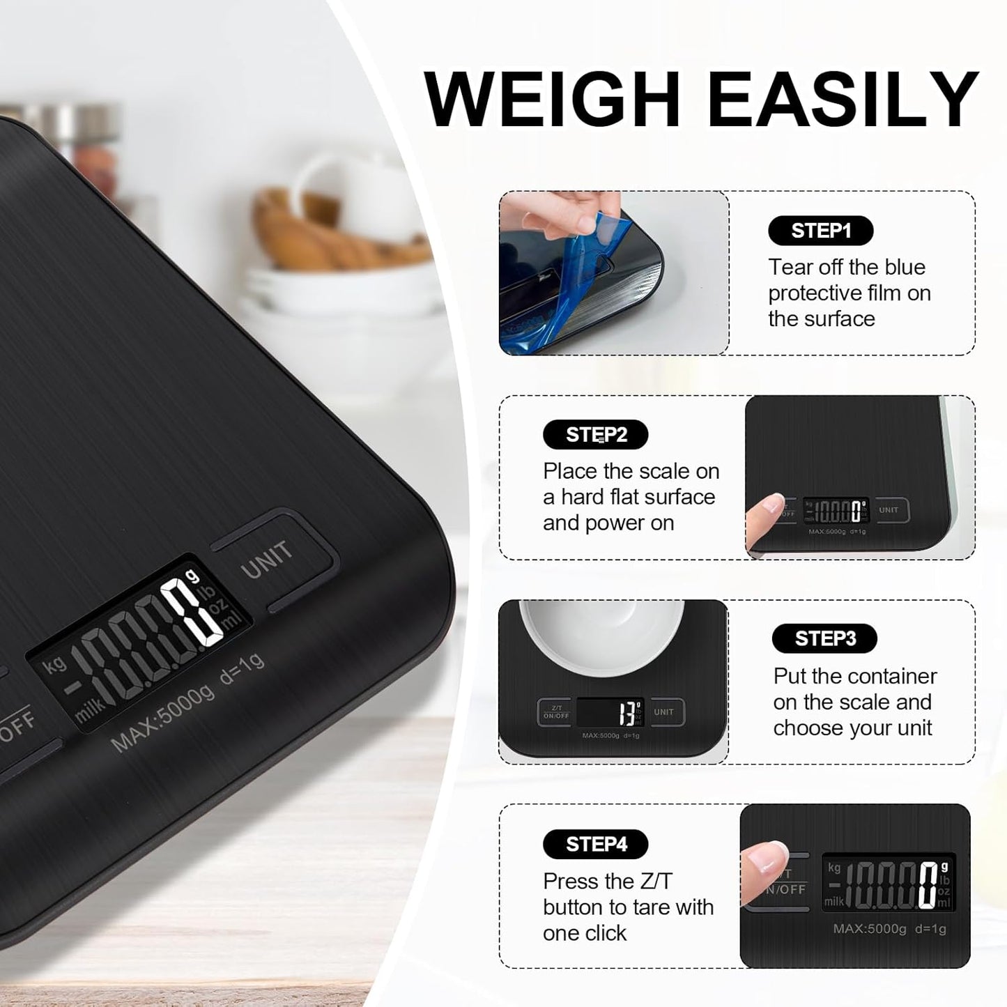Food Scale, 11lb Kitchen Scale with 6 Units Tare Function & LCD Display, 0.05oz/1g Stainless Steel Digital Food Scale Grams and Ounces for Baking, Cooking, Dieting and Meal Prep (Batteries Included)
