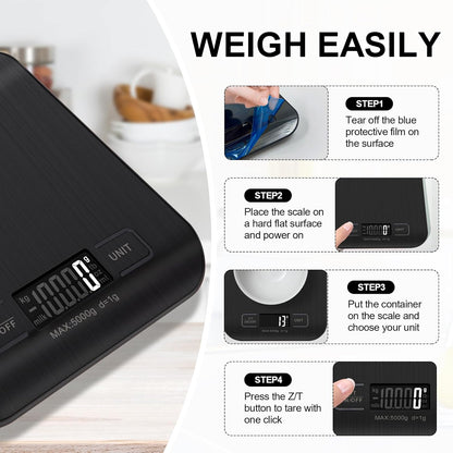 Food Scale, 11lb Kitchen Scale with 6 Units Tare Function & LCD Display, 0.05oz/1g Stainless Steel Digital Food Scale Grams and Ounces for Baking, Cooking, Dieting and Meal Prep (Batteries Included)