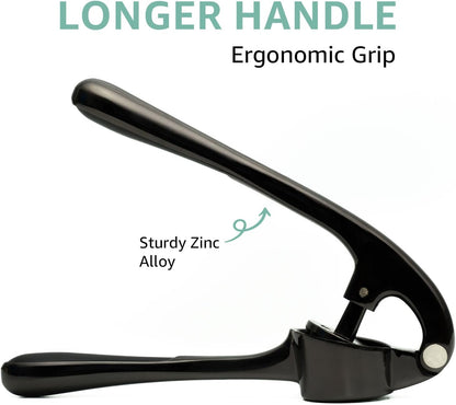 Garlic Press Crusher & Mincer – Easy Squeeze Ergonomic Handle, Heavy Duty Zinc Alloy, Dishwasher Safe, Includes Peeler & Cleaning Brush – Garlic Ginger Crusher Tool (Black)