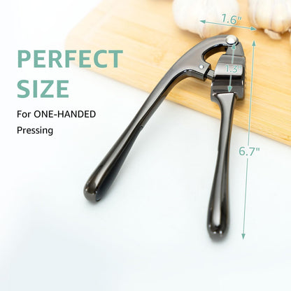 Garlic Press Crusher & Mincer – Easy Squeeze Ergonomic Handle, Heavy Duty Zinc Alloy, Dishwasher Safe, Includes Peeler & Cleaning Brush – Garlic Ginger Crusher Tool (Black)