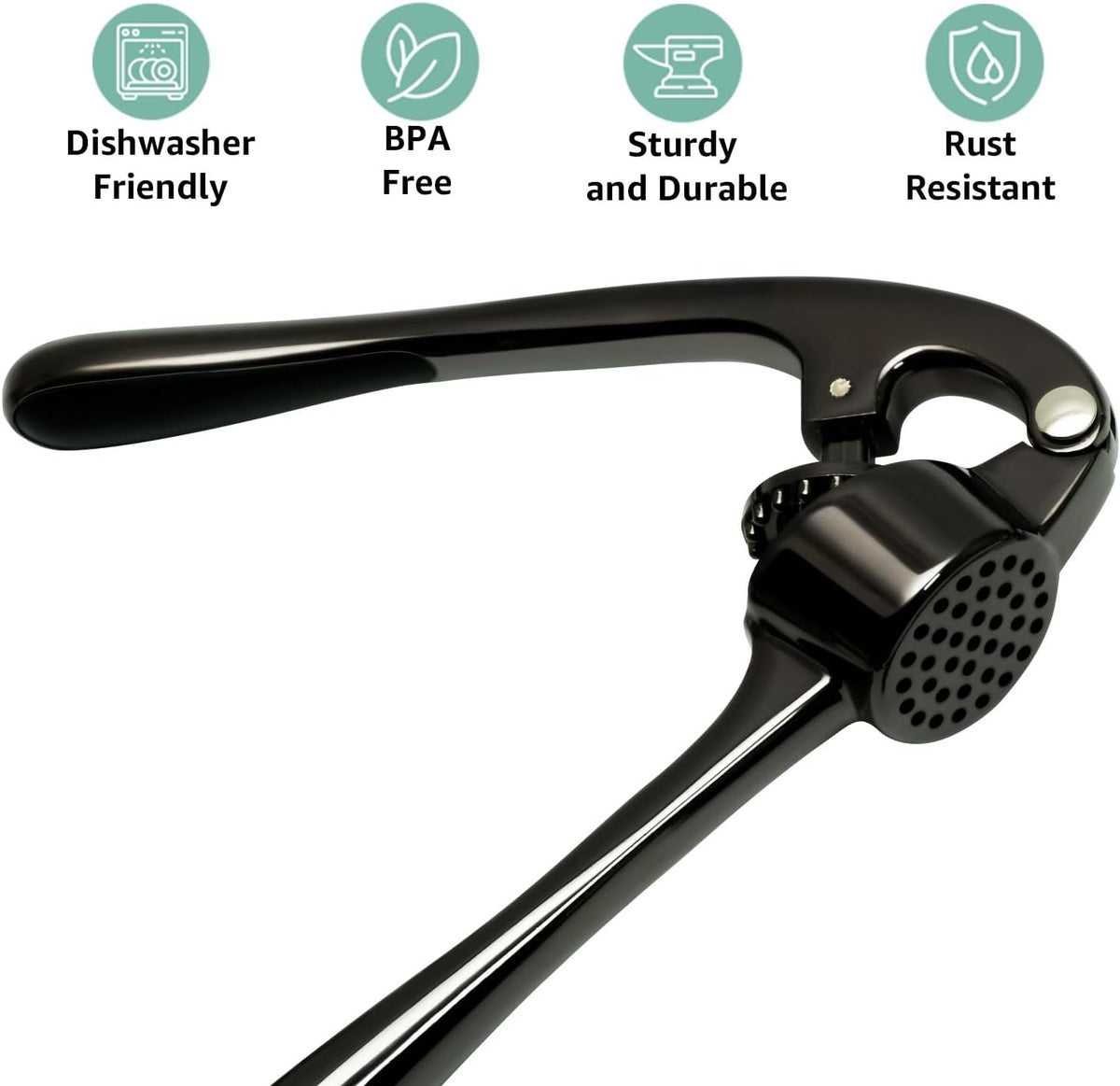 Garlic Press Crusher & Mincer – Easy Squeeze Ergonomic Handle, Heavy Duty Zinc Alloy, Dishwasher Safe, Includes Peeler & Cleaning Brush – Garlic Ginger Crusher Tool (Black)