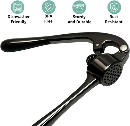 Garlic Press Crusher & Mincer – Easy Squeeze Ergonomic Handle, Heavy Duty Zinc Alloy, Dishwasher Safe, Includes Peeler & Cleaning Brush – Garlic Ginger Crusher Tool (Black)