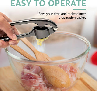 Garlic Press Crusher & Mincer – Easy Squeeze Ergonomic Handle, Heavy Duty Zinc Alloy, Dishwasher Safe, Includes Peeler & Cleaning Brush – Garlic Ginger Crusher Tool (Black)
