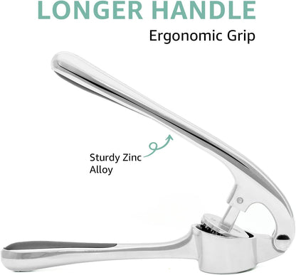 Garlic Press Crusher & Mincer – Easy Squeeze Ergonomic Handle, Heavy Duty Zinc Alloy, Dishwasher Safe, Includes Peeler & Cleaning Brush – Garlic Ginger Crusher Tool (Black)