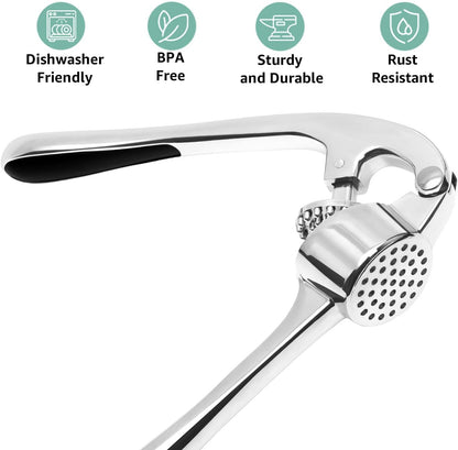 Garlic Press Crusher & Mincer – Easy Squeeze Ergonomic Handle, Heavy Duty Zinc Alloy, Dishwasher Safe, Includes Peeler & Cleaning Brush – Garlic Ginger Crusher Tool (Black)
