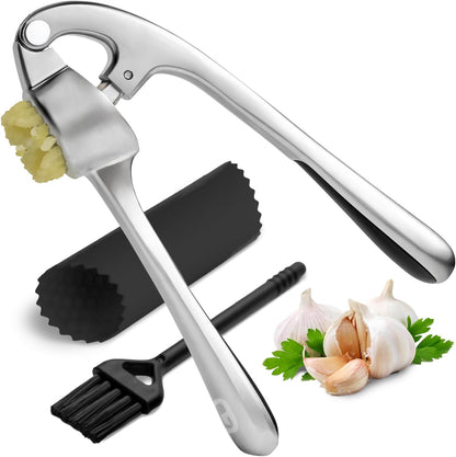 Garlic Press Crusher & Mincer – Easy Squeeze Ergonomic Handle, Heavy Duty Zinc Alloy, Dishwasher Safe, Includes Peeler & Cleaning Brush – Garlic Ginger Crusher Tool (Black)