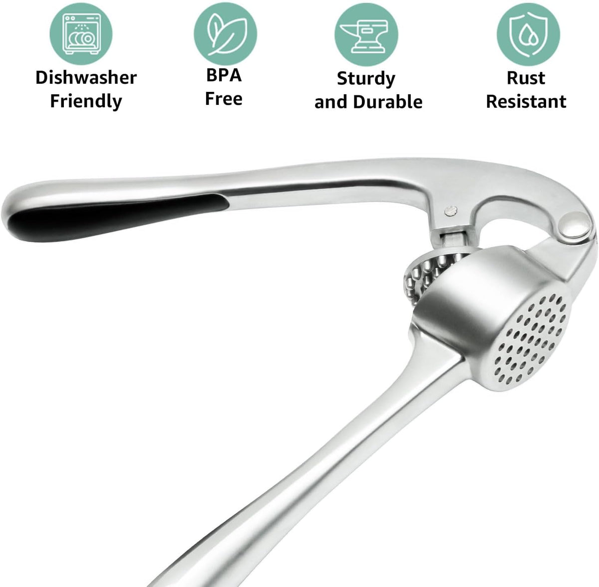 Garlic Press Crusher & Mincer – Easy Squeeze Ergonomic Handle, Heavy Duty Zinc Alloy, Dishwasher Safe, Includes Peeler & Cleaning Brush – Garlic Ginger Crusher Tool (Black)
