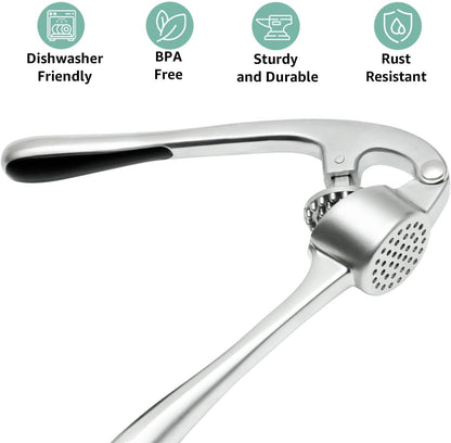 Garlic Press Crusher & Mincer – Easy Squeeze Ergonomic Handle, Heavy Duty Zinc Alloy, Dishwasher Safe, Includes Peeler & Cleaning Brush – Garlic Ginger Crusher Tool (Black)