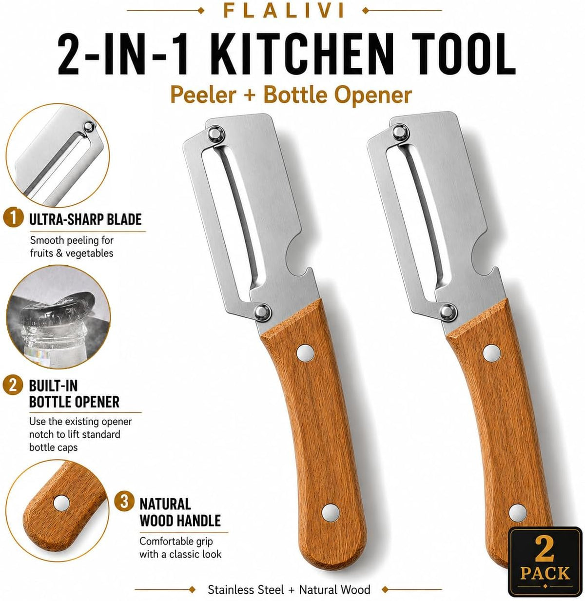 2-in-1 Multifunctional Vegetable Peeler, Wooden Handle & Bottle Opener Stainless Steel Potato Peeler, Kitchen Peeler for Fruits and veggies (Left Hand Version)