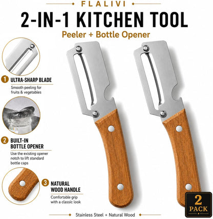 2-in-1 Multifunctional Vegetable Peeler, Wooden Handle & Bottle Opener Stainless Steel Potato Peeler, Kitchen Peeler for Fruits and veggies (Left Hand Version)
