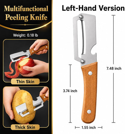 2-in-1 Multifunctional Vegetable Peeler, Wooden Handle & Bottle Opener Stainless Steel Potato Peeler, Kitchen Peeler for Fruits and veggies (Left Hand Version)