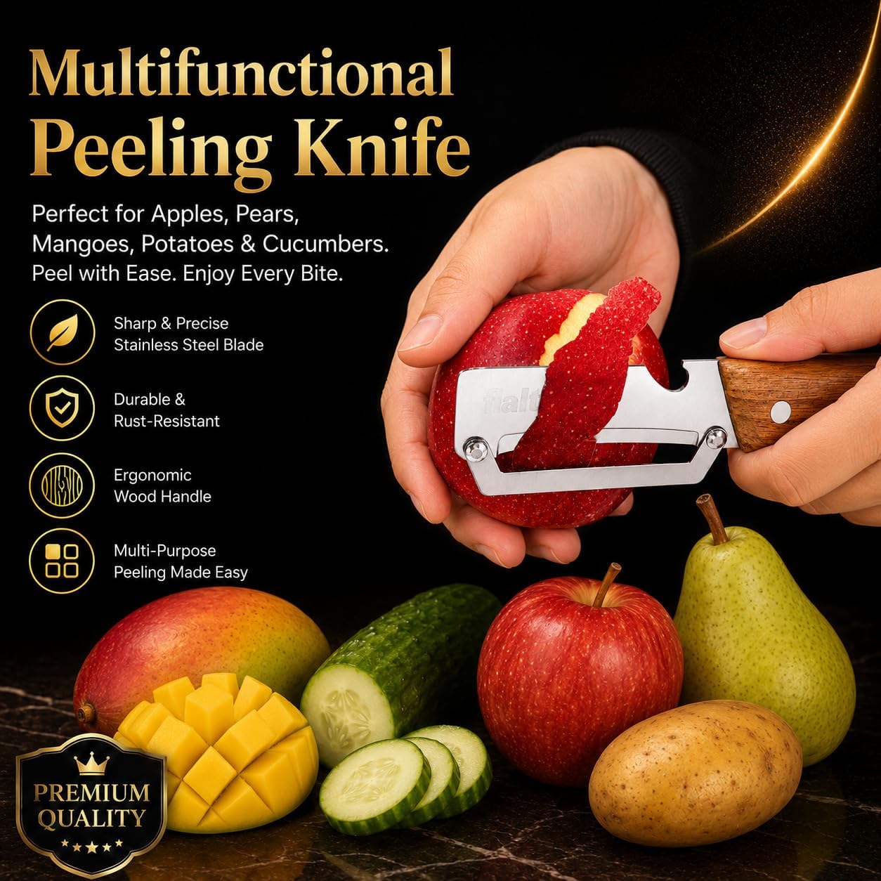 2-in-1 Multifunctional Vegetable Peeler, Wooden Handle & Bottle Opener Stainless Steel Potato Peeler, Kitchen Peeler for Fruits and veggies (Left Hand Version)