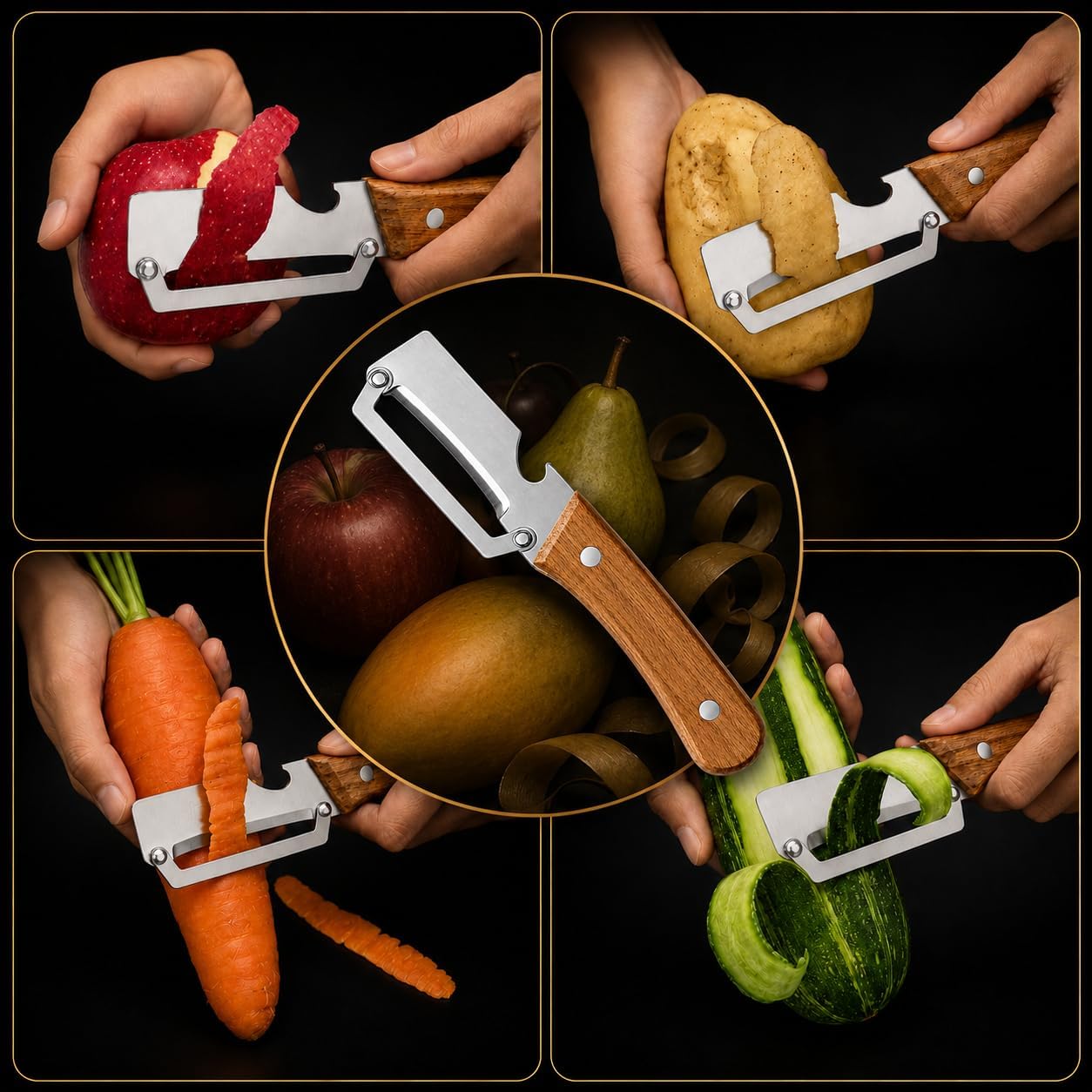 2-in-1 Multifunctional Vegetable Peeler, Wooden Handle & Bottle Opener Stainless Steel Potato Peeler, Kitchen Peeler for Fruits and veggies (Left Hand Version)