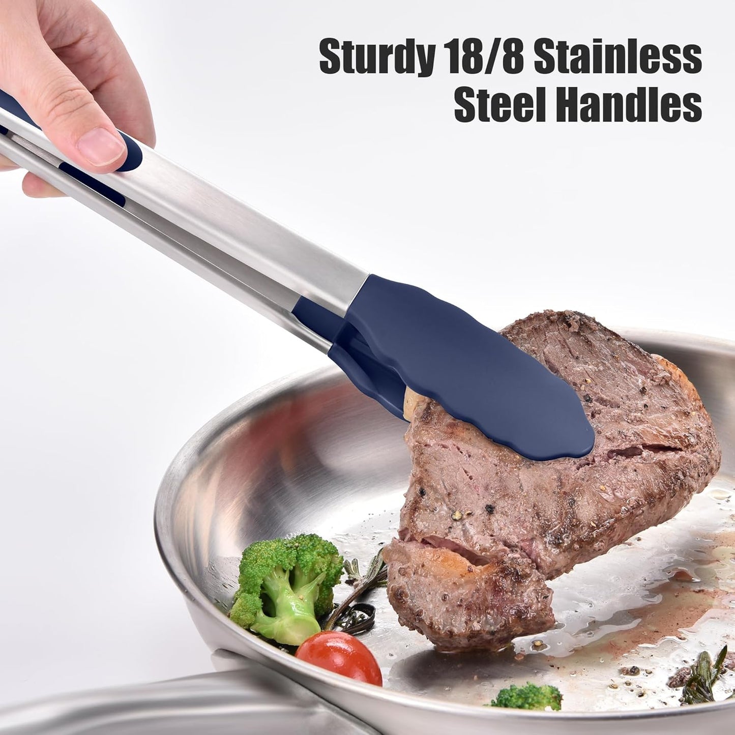 Kitchen Tongs for Cooking - 600°F Heat Resistant Food Tong Set with Non-Scratch Silicone Tips, Heavy Duty Stainless Steel Locking Tong for BBQ, Grilling Steak, Serving (7+9+12in, Navy Blue)