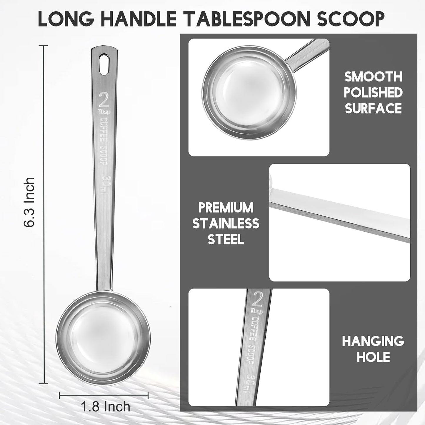 Coffee Measuring Scoop 1 Tablespoon long handle Stainless Steel spoon for Coffee, Milk Powder, Fruit Powder, Set of 5