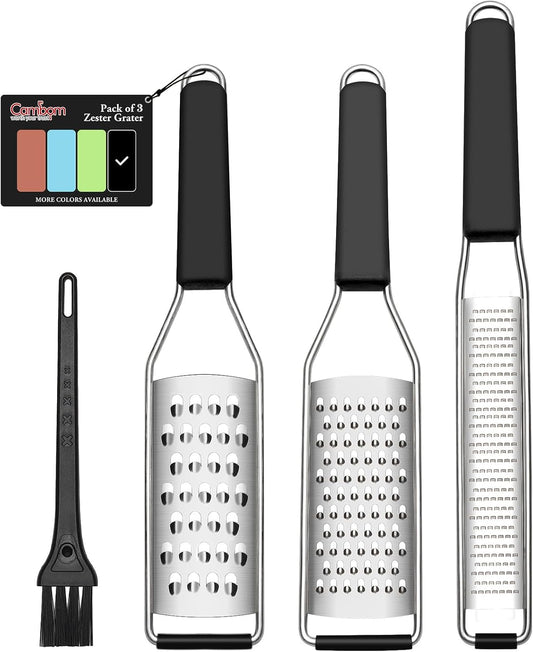 Lemon Zester Grater Three-piece Suit - Heavy Duty Kitchen Tool for Parmesan Cheese, Ginger, Garlic, Nutmeg, Chocolate, Vegetables，Fruits，Stainless Steel Grater Dishwasher Safe Black