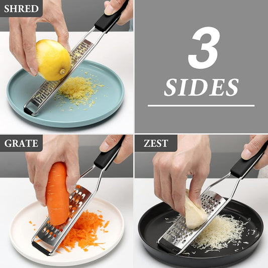 Lemon Zester Grater Three-piece Suit - Heavy Duty Kitchen Tool for Parmesan Cheese, Ginger, Garlic, Nutmeg, Chocolate, Vegetables，Fruits，Stainless Steel Grater Dishwasher Safe Black