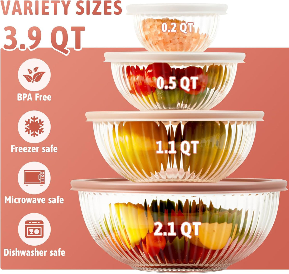 Glass Mixing Bowls with Lids Sets, 4 PCS Serving Bowls for Party or Kitchen