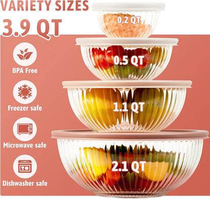 Glass Mixing Bowls with Lids Sets, 4 PCS Serving Bowls for Party or Kitchen