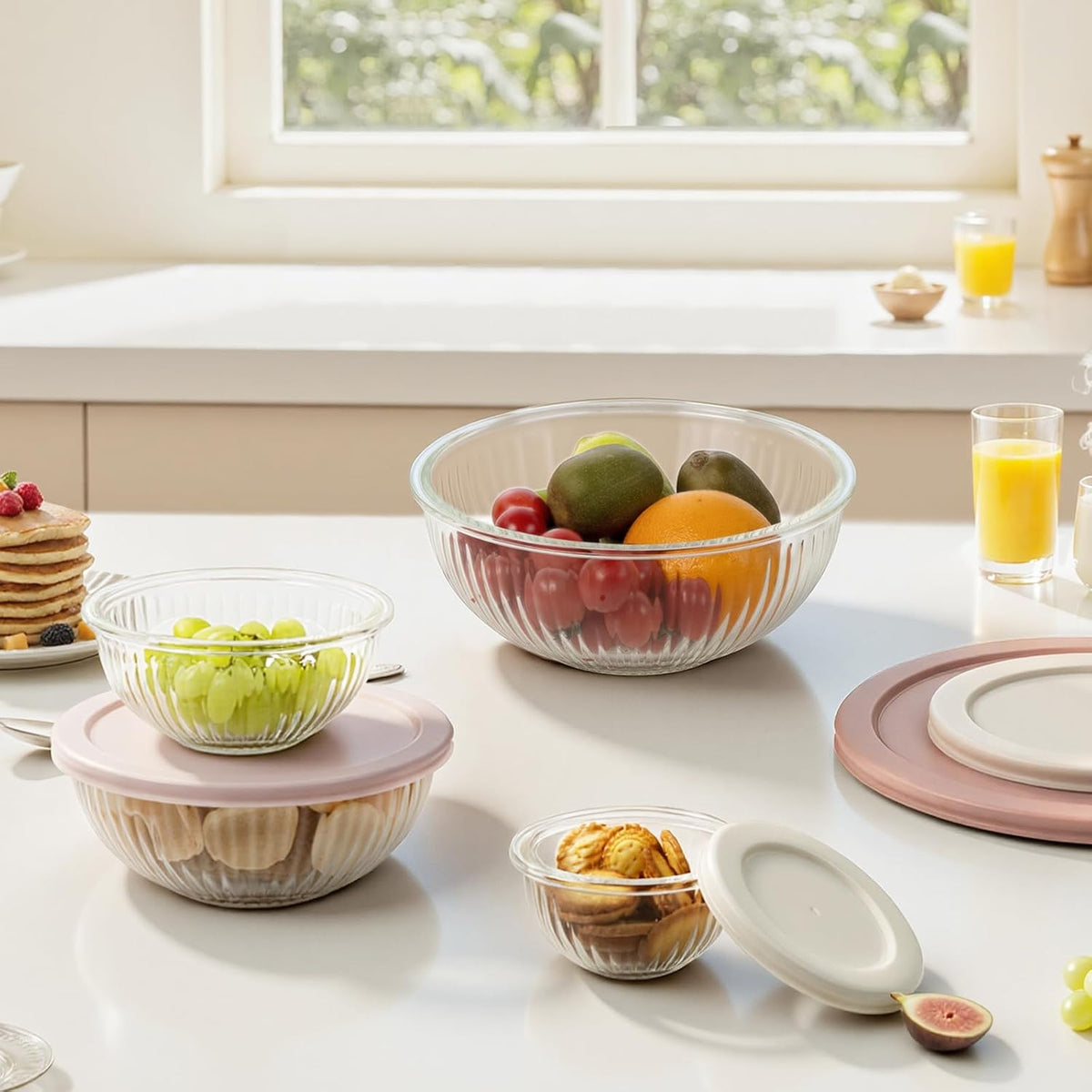 Glass Mixing Bowls with Lids Sets, 4 PCS Serving Bowls for Party or Kitchen