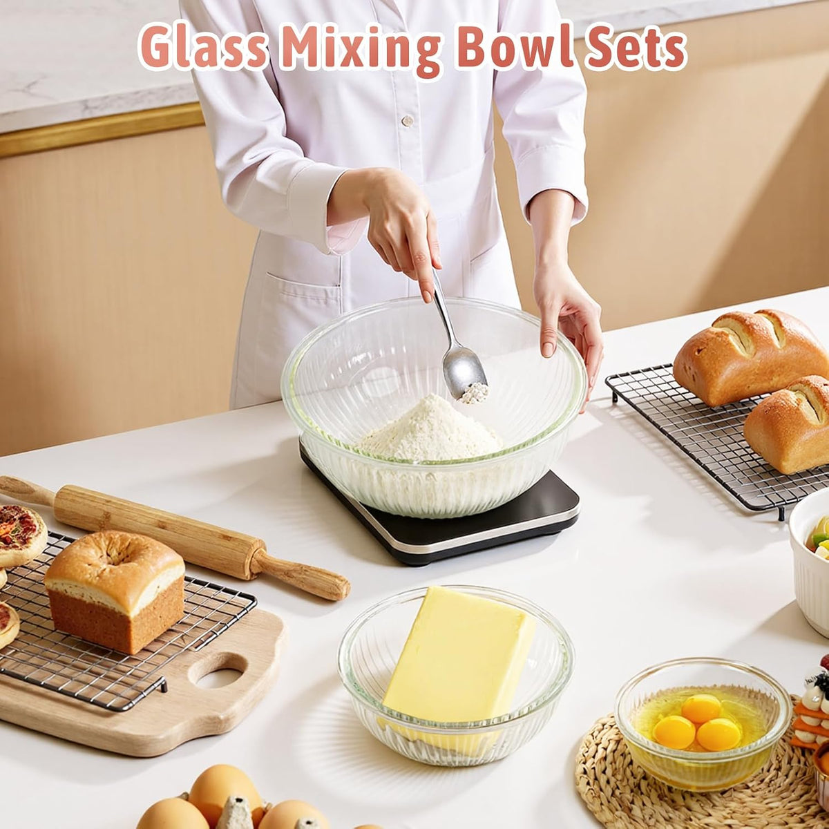 Glass Mixing Bowls with Lids Sets, 4 PCS Serving Bowls for Party or Kitchen