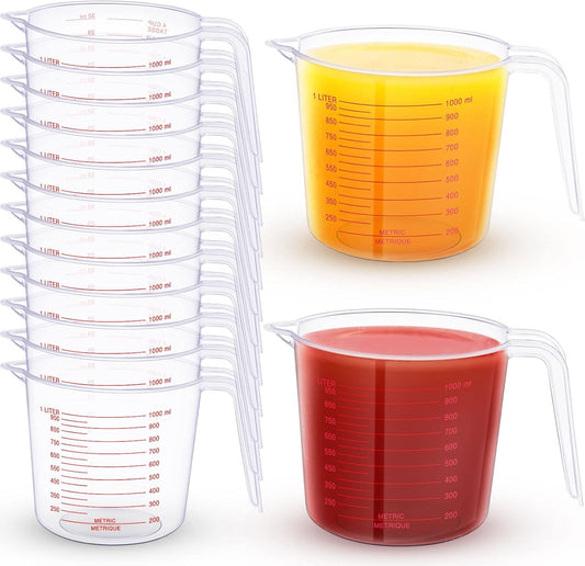 12 Pcs 4 Cup/32 oz Measuring Cups Capacity Clear Plastic Measuring Cups with Spout and Handle Grip 1000 ml Marking for Oil Flour, Water, Liquid, Ingredient
