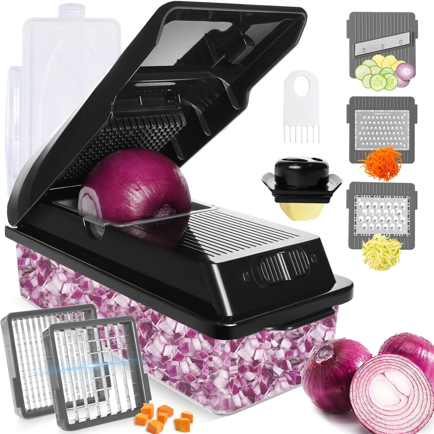 Professional Multifunctional Vegetable Chopper Pro Food Chopper with Food Storage Containers, Mandoline Slicer Onion Dicer Fruit Cutter, Kitchen Gadgets and Home Essentials(7 in 1, Black)