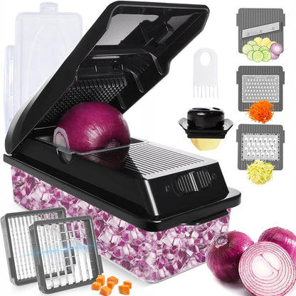 Professional Multifunctional Vegetable Chopper Pro Food Chopper with Food Storage Containers, Mandoline Slicer Onion Dicer Fruit Cutter, Kitchen Gadgets and Home Essentials(7 in 1, Black)