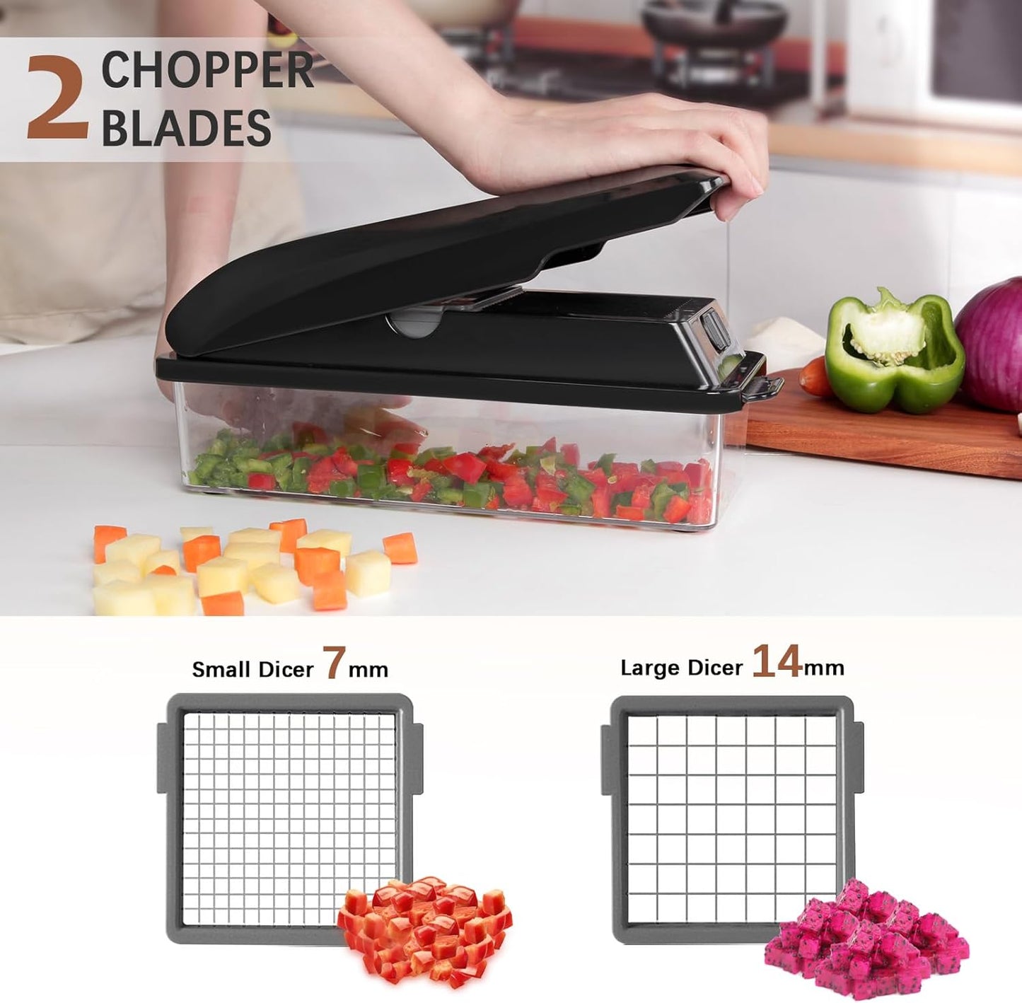 Professional Multifunctional Vegetable Chopper Pro Food Chopper with Food Storage Containers, Mandoline Slicer Onion Dicer Fruit Cutter, Kitchen Gadgets and Home Essentials(7 in 1, Black)