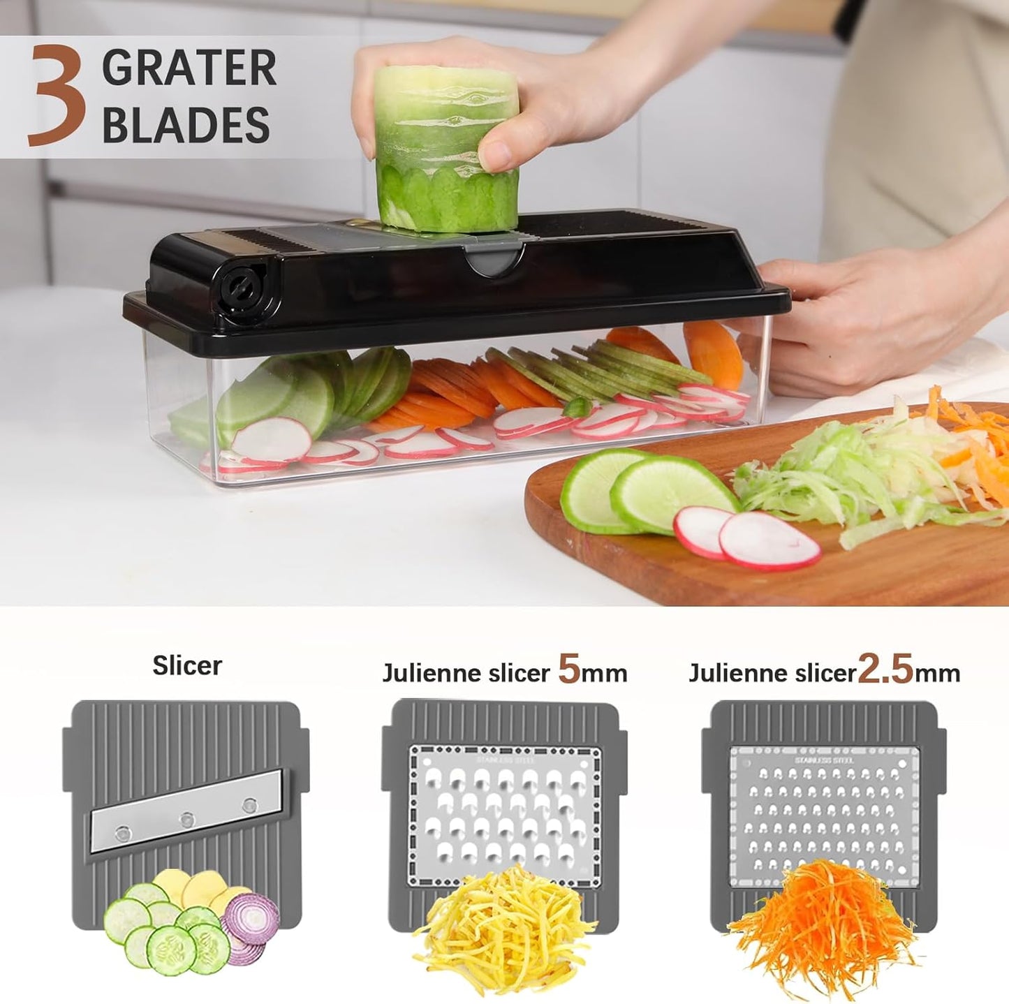 Professional Multifunctional Vegetable Chopper Pro Food Chopper with Food Storage Containers, Mandoline Slicer Onion Dicer Fruit Cutter, Kitchen Gadgets and Home Essentials(7 in 1, Black)