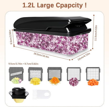 Professional Multifunctional Vegetable Chopper Pro Food Chopper with Food Storage Containers, Mandoline Slicer Onion Dicer Fruit Cutter, Kitchen Gadgets and Home Essentials(7 in 1, Black)