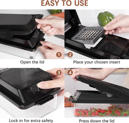 Professional Multifunctional Vegetable Chopper Pro Food Chopper with Food Storage Containers, Mandoline Slicer Onion Dicer Fruit Cutter, Kitchen Gadgets and Home Essentials(7 in 1, Black)