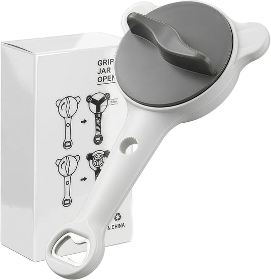 4-in-1 Adjustable Jar Opener for Weak Hands & Seniors — Ergonomic Non-Slip Handle, Multi-Size Lid Remover for Mason Jars, Bottles & Cans (Grey)