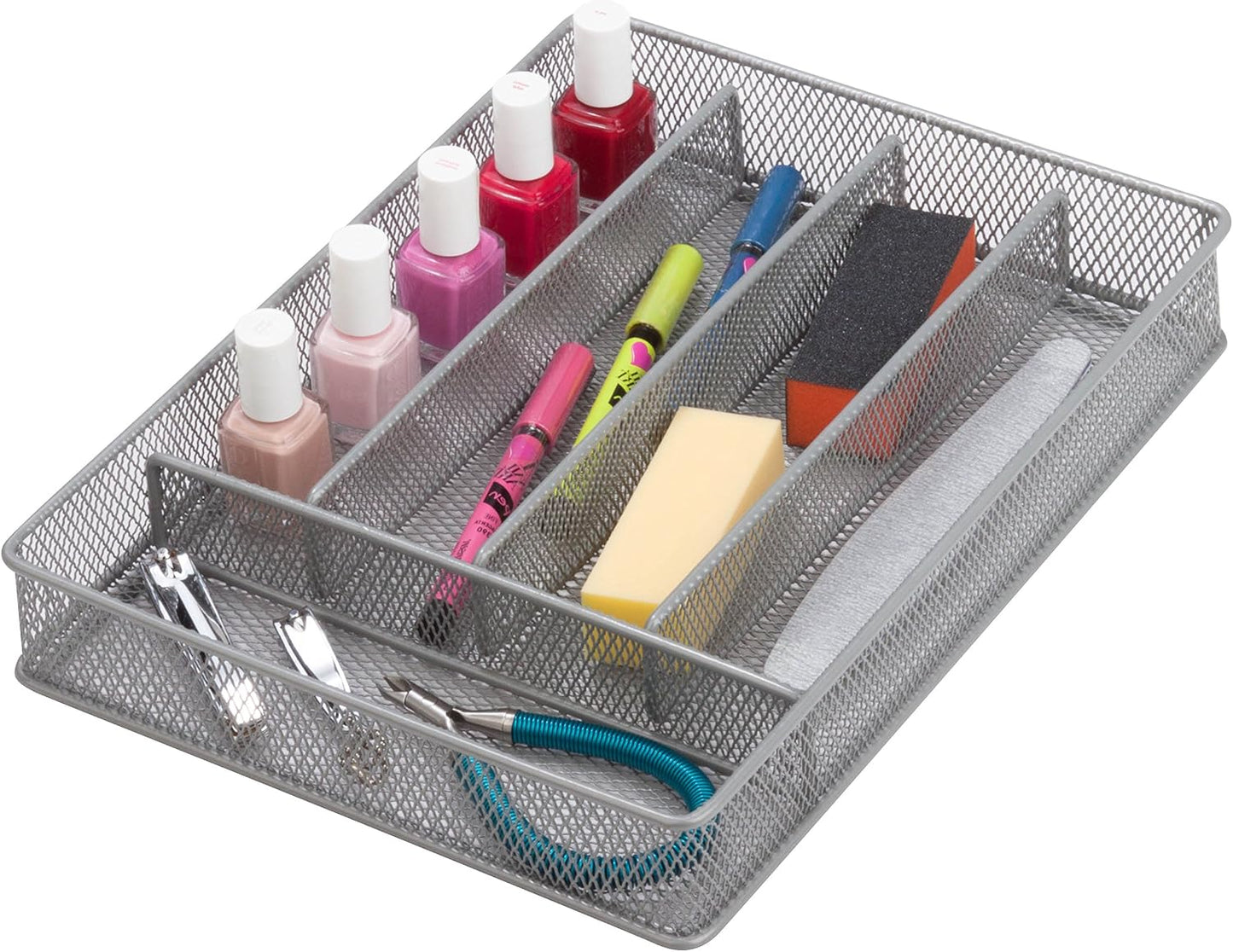 Expandable Steel Mesh Drawer Organizer, 7 Compartments, Silver, Adjustable 11.5 to 20 Inches Wide