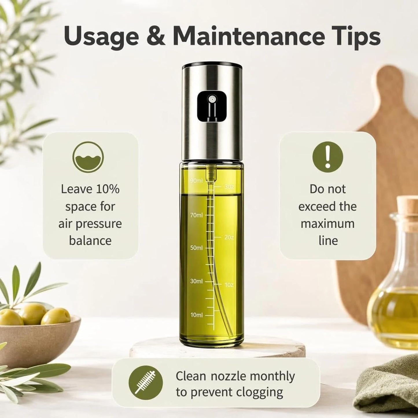 oil sprayer for cooking,olive oil sprayer100ml Light-Blocking Glass, Silver | Portion control mist for air fryer, salad, BBQ, refillable & reusable, fine mist olive oil kitchen sprayer, anti-drip