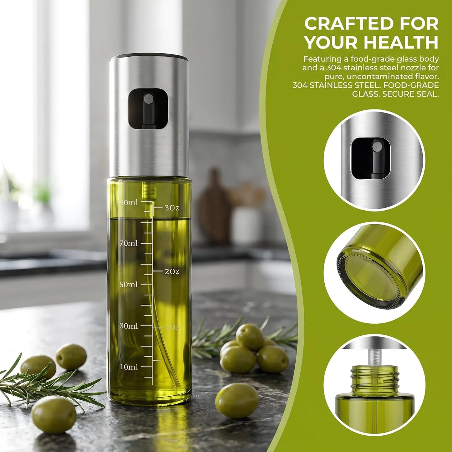 oil sprayer for cooking,olive oil sprayer100ml Light-Blocking Glass, Silver | Portion control mist for air fryer, salad, BBQ, refillable & reusable, fine mist olive oil kitchen sprayer, anti-drip