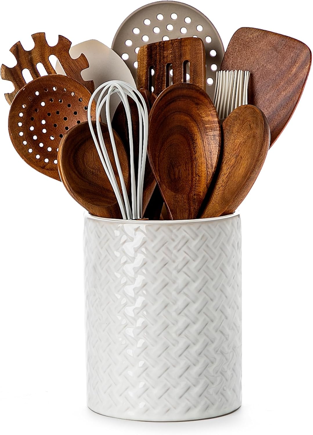 6.4'' Utensil Holder - Ceramic Utensil Holder for Kitchen Counter, Large Capacity Countertop Storage, Farmhouse Style Utensil Crock Organizer for Spoons, Spatulas & Cooking Tools